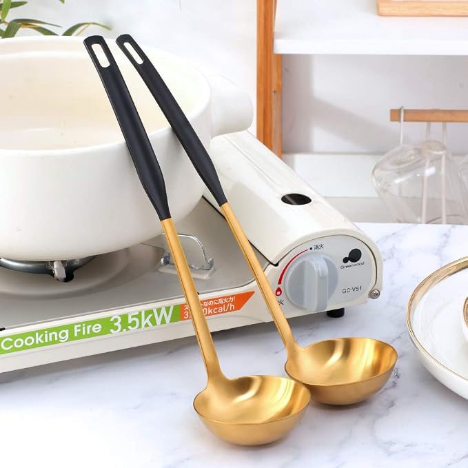 Buyer Star 2 Pcs Soup Ladle Spoons,Gold Black Cookware Serving Long Handle Steel Slotted Spoon Cooking Utensil Set for Hotpot