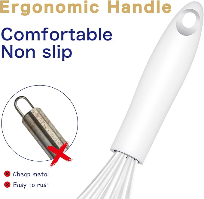 OYV White Silicone Whisk, Sealed Waterproof Design Set of 3, Professional Kitchen Whisks for Cooking Non-Scratch, Silicone&Stainless Steel Whisk, Heat Resistant 480°F Rubber wisk, BPA free