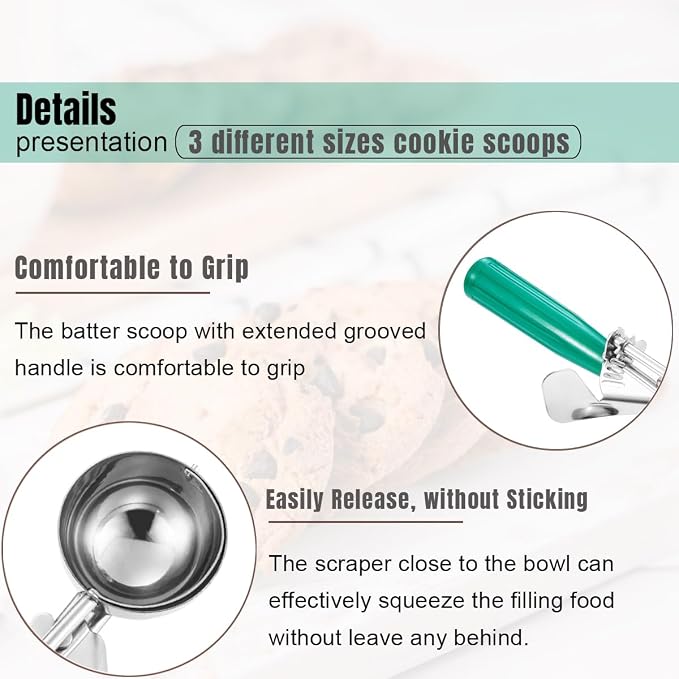 Saebye Cookie Scoop Set, Ice Cream Scoop Set, Cookie Scoops for Baking, Multiple Size Large-Medium-Small Size Disher, Professional 18/8 Stainless Steel Cupcake Scoop