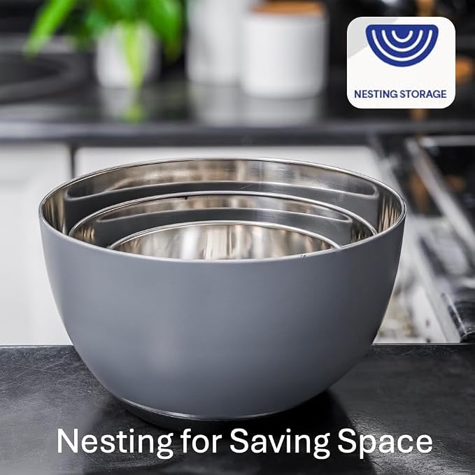 Stainless Steel Mixing Bowls Set, 3-Piece with Silicone Base | 1.5, 3 & 5 Qt Metal Bowls for Meal Prep, Baking, Cooking, Serving & Food Storage, Non-Slip Base, Dishwasher Safe, Grey
