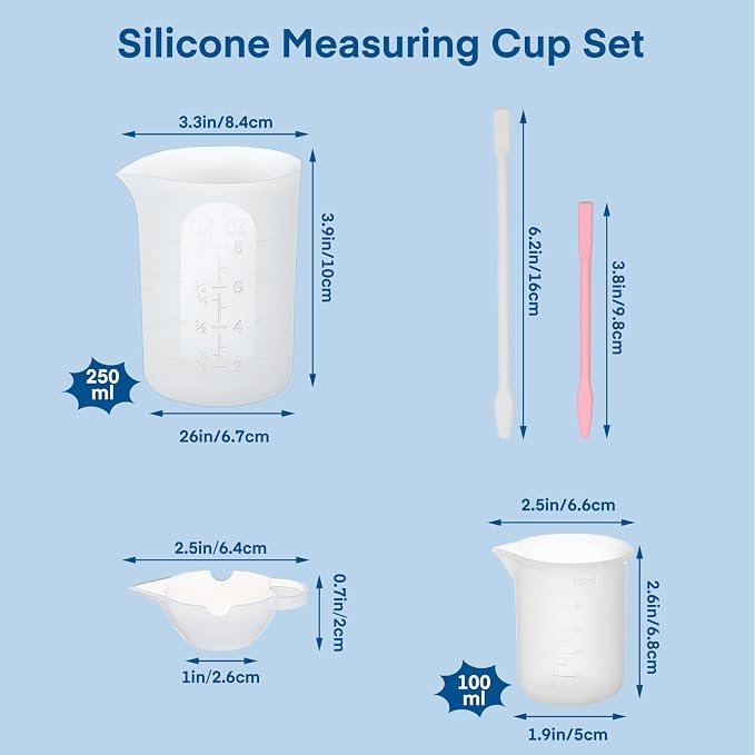 Gartful 16PCS Silicone Measuring Cups Set, Resin Casting DIY Tool Kit, 2PCS 250ml Large Pouring Cups, 4PCS 100ml Reusable Measurements Cups, 4pcs Mixing Cups, 2PCS Large and 4 Smaller Stir Sticks