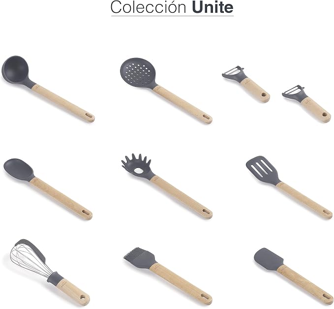 Lacor Unite 68189 Silicone Pasta Spoon, Professional Spaghetti Server, Beech Wood Handle, Does Not Damage the Pan, High Temperature Resistant, BPA Free, 32.5 cm, Grey