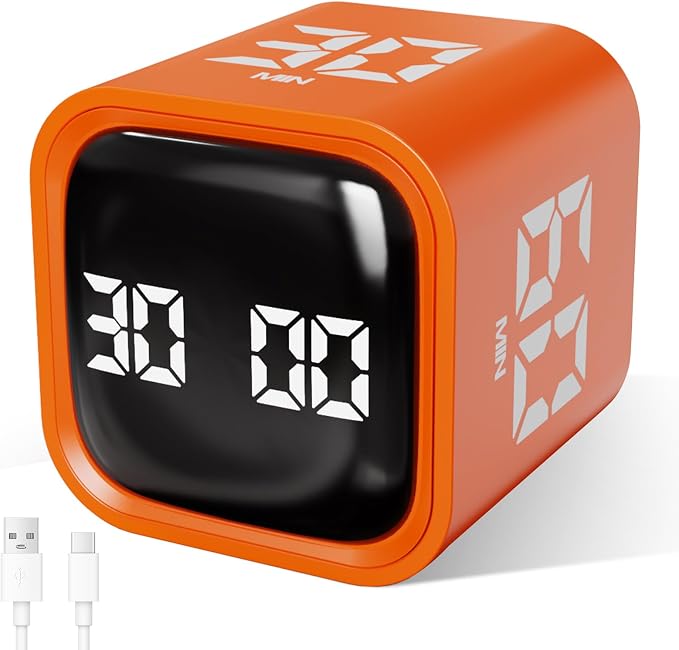 GuDoQi Multi-Function Cube Timer, 5/10/30/60 Min & Custom Count Down, Included Pause & Resume Feature, Silent, Vibrate & Adjustable Sound Alarm for Productivity in Tasks, Study & Kitchen, Orange