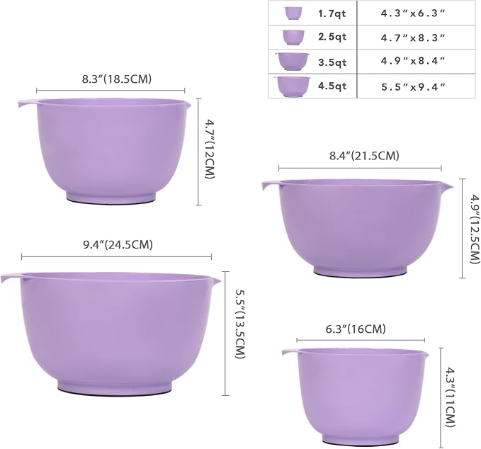 BoxedHome Mixing Bowls Set of 4, BPA Free Plastic,Microwave Safe, Purple | 4.5/3.5/2.5/1.7 quarts,Non-slip Base Large Nesting Bowl with Pour Spout, Dishwasher Safe, for Prep, Cooking,Baking