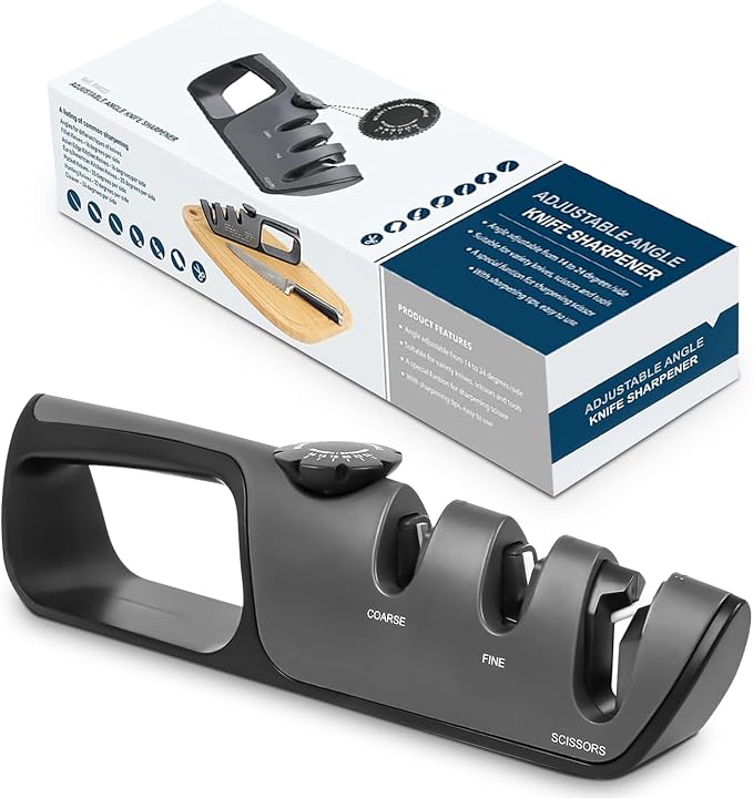 Adjustable Angle Pocket & Kitchen Knife Sharpener – 3-Stage Manual Sharpener for Steel, Ceramic & EDC Knives with Scissors Slot, Non-Slip Base & Ergonomic Handle