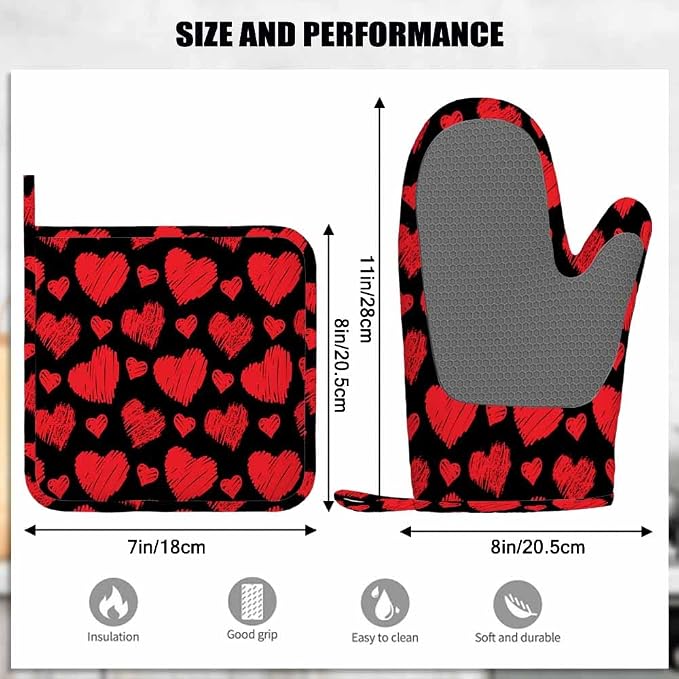 Mxocom Red Hearts Heat-Resistant Oven Mitts and Pot Holder Line Hearts on Black Background Kitchen Non-Slip Cooking Microwave Gloves for Cooking Baking Grilling