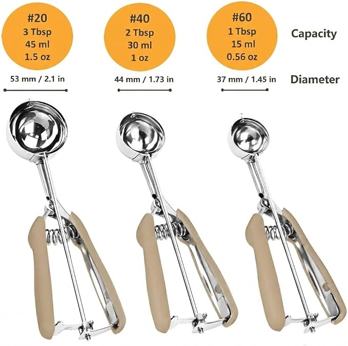 Cookie Scoop Set, 3Pcs Ice Cream Scoop, Cookie Scoops for Baking Set of 3, 18/8 Stainless Steel Cookie Scooper for Baking, Ice Cream Scooper with Trigger Release, Brown Soft Grip Cookie Dough Scoop