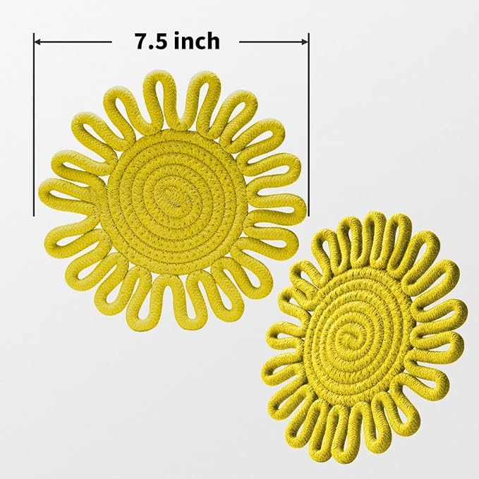 Kitchen Trivets for Hot Dishes Potholders for Countertop Hot Pads Hot Mats or Trivets for Hot Pots and Pans Home Essentials Boho Farmhouse Kitchen Decor Set of 3, 100% Cotton,7.5" (Yellow)