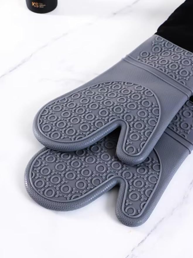 Extra Long Professional Silicone Oven Mitts with Quilted Liner, Durable Heat Resistant Oven Gloves, Heat Resistant Oven Gloves,2pcs (Gray, 19.7inch)