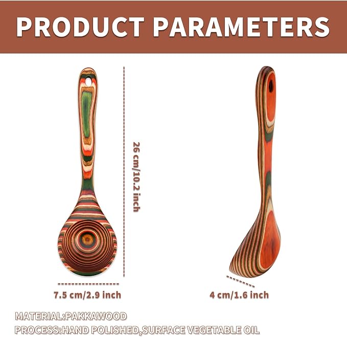 Pakkawood Ladle, Colorful Multicolor, 10.2 Inch, Hand Polished with Vegetable Oil Finish, Hanging Hole, Streamlined Design