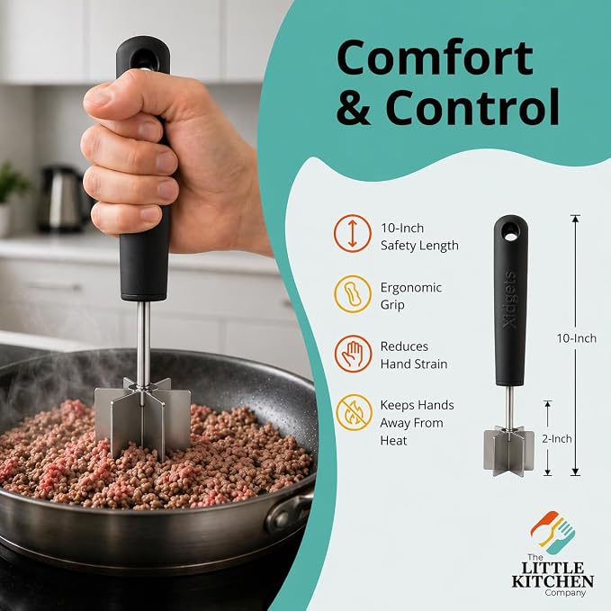 Large Stainless Steel Meat Chopper, Masher & Cocktail Muddler | Dishwasher Safe | 6-Blade Chopper Tool | Oversized Ergonomic Handle | Heat Resistant Grip (Black 10")