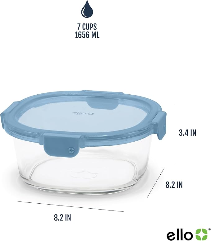 Ello Color Lock 7 Cup Glass Meal Prep Containers & Lids, 2 Pack, Slate/Wisteria