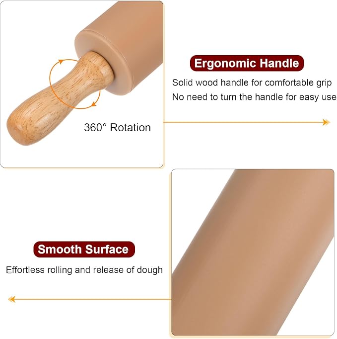 HARFINGTON 2pcs Silicone Rolling Pins for Baking 12.2 Inch Non-Stick Silicone Surface Wooden Handle Rolling Pin Small Roller Playdough Rolling Pins for Fondant Kitchen Dough Pizza, Brown