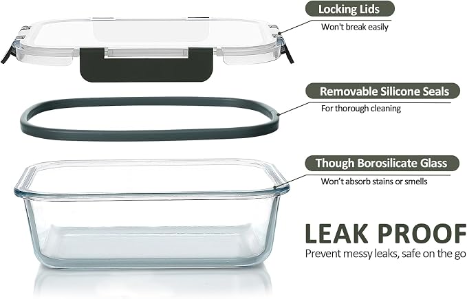 M MCIRCO 5 Pack 36 oz Glass Food Storage Containers with Lids,4.5 Cups,Gray | Glass Meal Prep Containers,Airtight Lunch Containers with Lids, Microwave, Oven, Freezer and Dishwasher Friendly, BPA Free
