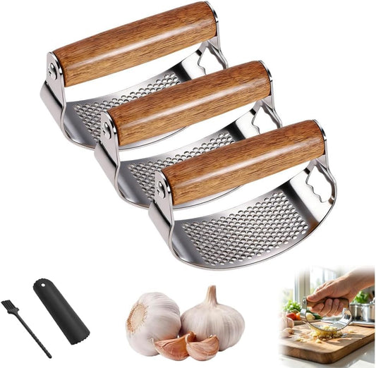 Garlic Press Rocker 2026 New,Portable Manual Stainless Steel Garlic Press Rocker Crusher Masher with Garlic Peeling Drum for Home Kitchen Utensils Garlic Crusher，3-pcs