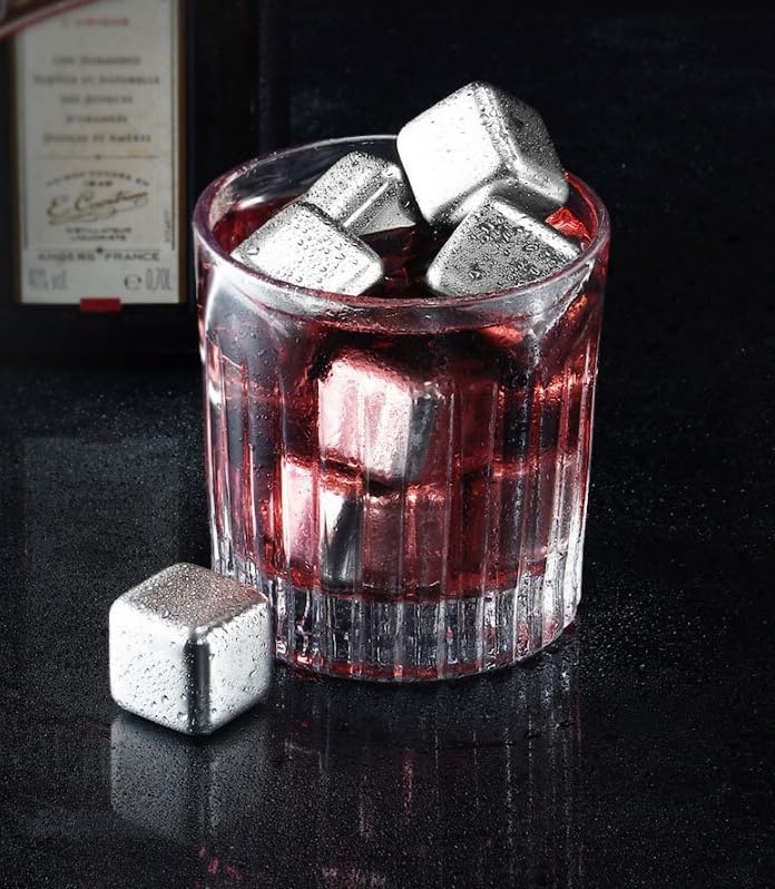 Stainless Steel Whiskey Stones Set - 6 Reusable Ice Cubes with clip & Tray, Premium Alcohol Chillers for Scotch Bourbon Cocktails, Ideal Gift for Men (stainless steel)