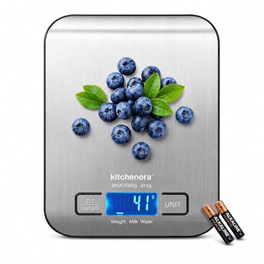 Digital Food Kitchen Scale, 11lb/5kg Capacity with 1g Precision, 5 Units (g/oz/lb:oz/ml/fl'oz), 304 Stainless Steel Surface, Backlit LCD, Tare Function for Cooking, Baking, Keto & Meal Prep