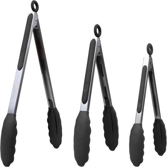Kitchen Silicone Tongs for Cooking with Nonslip Silicone Tips, 600°F Heat Resistant Cooking Food Tong Set Heavy Duty Stainless Steel Handle for Baking Grilling Serving, 3 Pack (7" & 9" & 12")