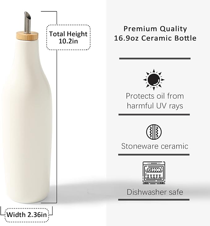 HOMCDALY Olive Oil and Vinegar Dispenser Set, Two 16oz Ceramic Oil Dispenser for Kitchen, Kitchen Dispenser Bottle for EVOO Vinegar Syrups, Modern Farmhouse Design| Set of 2 – white