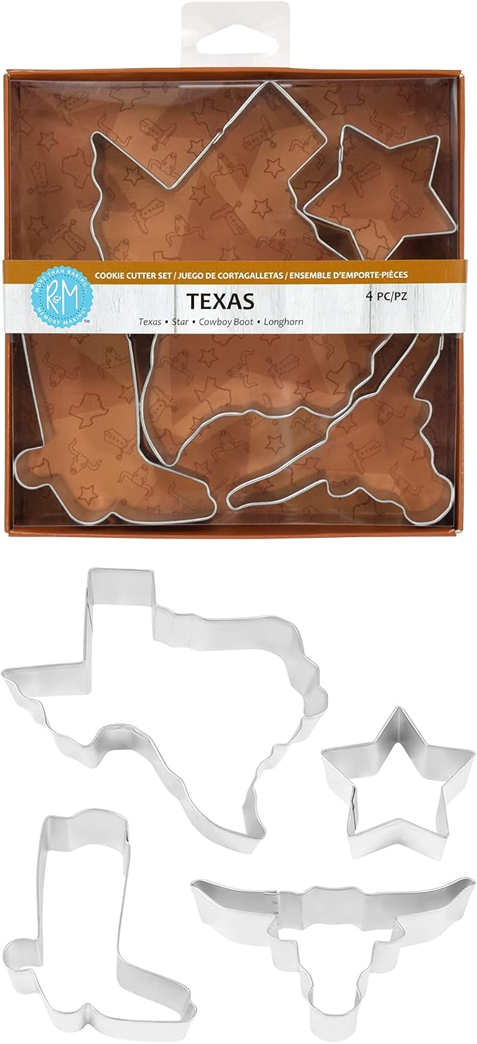 R&M International Texas Cookie Cutters, State, Cowboy Boot, Longhorn, Star, 4-Piece Set