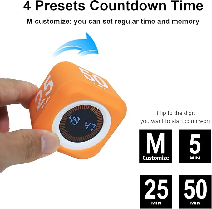 Rotating Cube Pomodoro Visual Timer 5, 25, 10 50 Minutes Preset, Rechargeable Desk Productivity Flip Timer w/Silicone Cover, Custom Countdown, Silent Mode for ADHD, Study, Work, School(Purple)