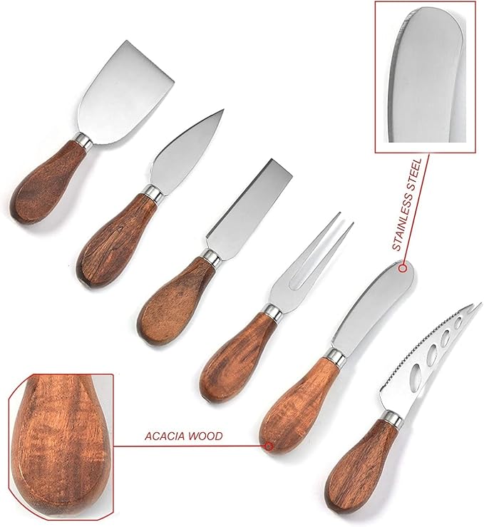 Cheese Knives 6 Set with Wooden Handle, Mini Steel Stainless Cheese knife set for Charcuterie and Cheese spread Mini Serving Tongs Spoons Forks Toothpick Flags for party Wedding Christmas