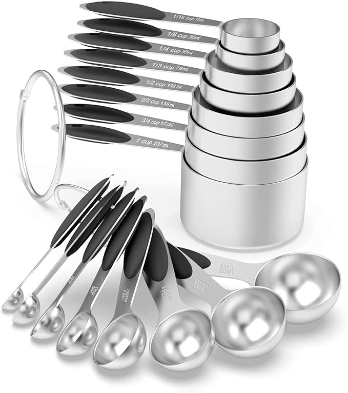 Measuring Cups & Spoons Set of 16, Wildone Stainless Steel Measuring Cups and Measuring Spoons with Black Silicone Handle, Including 8 Nesting Cups, 8 Spoons, for Dry and Liquid Ingredient | 8 Measuring Cups and 8 Measuring Spoons, Nesting Design, Heav...