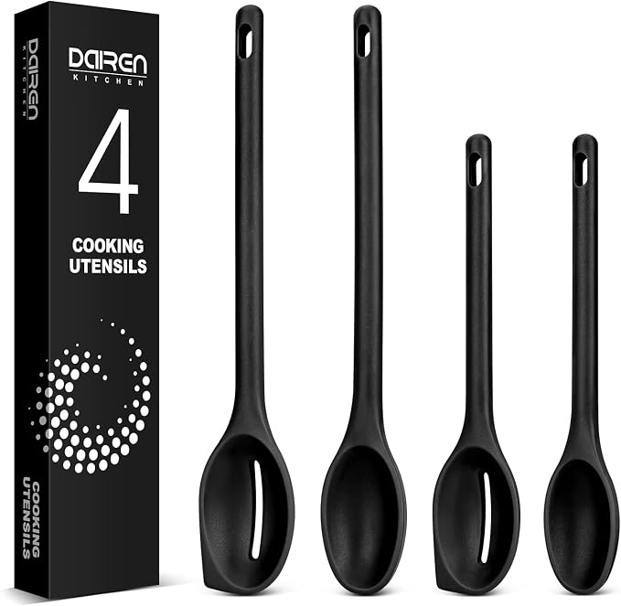 Silicone Cooking Spoons Set, Heat Resistant Kitchen Utensils, Non-Stick BPA Free Solid & Slotted Spoons for Mixing, Scooping, Draining, Serving, Basting (4 Pack) (BLACK)