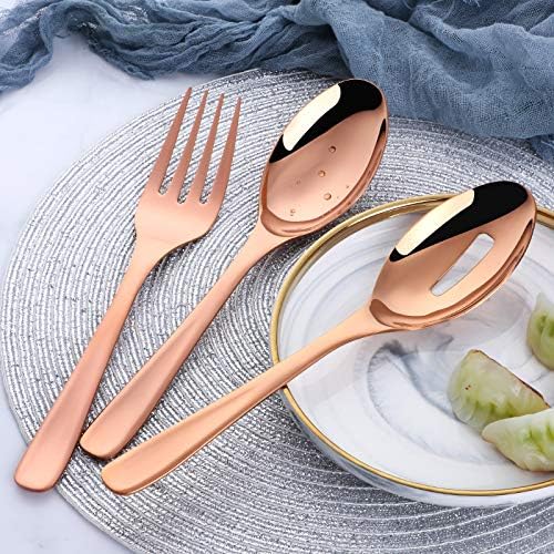 Salad Spoon Fork Serving Set of 3, Baikai 10 inch Heavy Duty Stainless Steel Polished Servers Spoon, Fork, Slotted Spoons(Rose Gold)