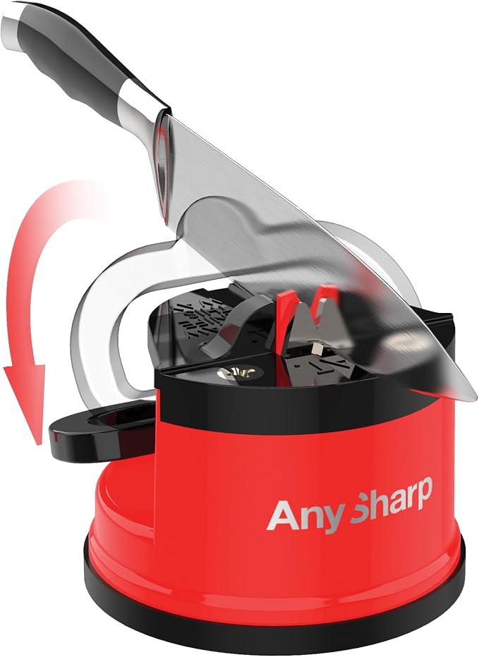 AnySharp – Global – Hands Free Knife Sharpener - Easy to Use Sharpening Tool with PowerGrip Suction Base and 20-Degree Pre-Set Angle - for All Knives: Chef's, Serrated, and Hardened Steel - Red