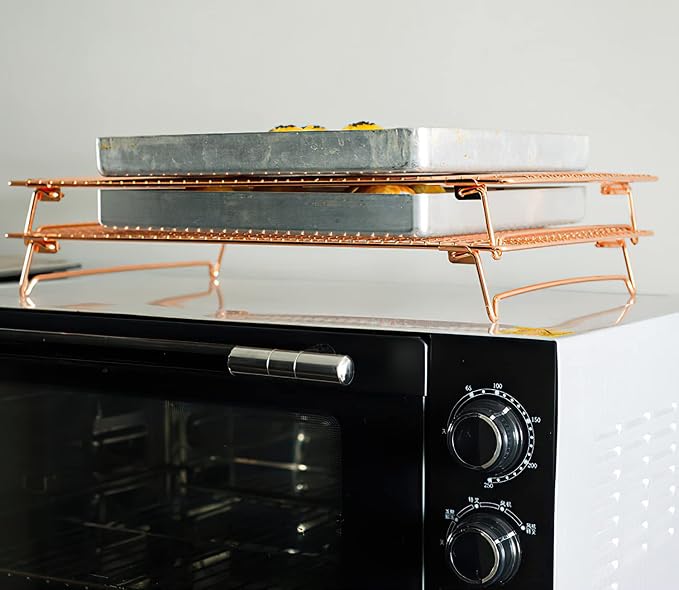 Kingrol 2 Pack Stainless Steel Cooling Racks with Collapsible Folding Legs, Stackable Grid Wire Racks for Cooking and Baking, Copper-Tone
