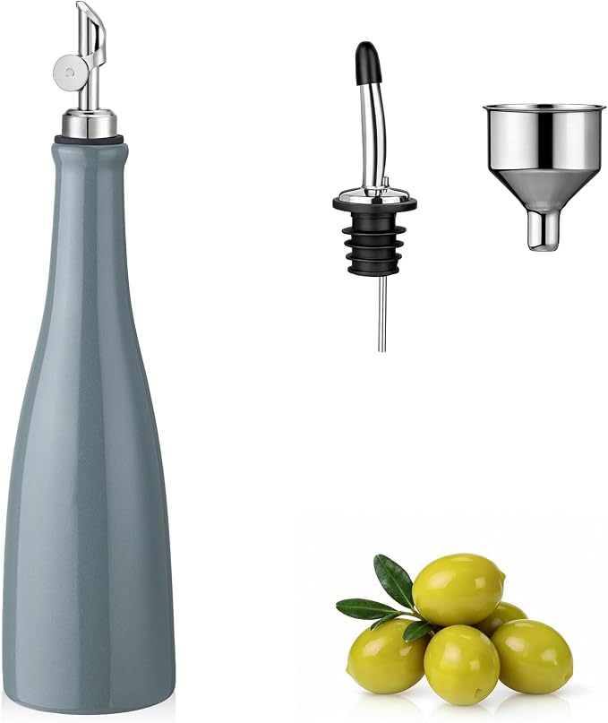 YOLIFE Olive Oil Dispenser Bottle, 17oz/500ml Ceramic Oil Bottle (Gray) | Oil Dispenser with Gravity Spout, Leak Proof EVOO Dispensing Bottle with 2 Spouts and 1 Funnel for Vinegar, Kitchen