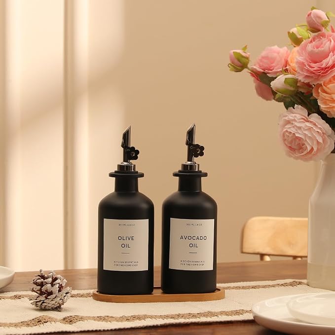 HOMCDALY Olive Oil Dispenser for Kitchen, 12oz Glass Kitchen Dispenser Bottle, Black Oil&Vinegar Cruet Set, Leakproof Olive Oil Bottles | Set of 2 (12oz – Black)