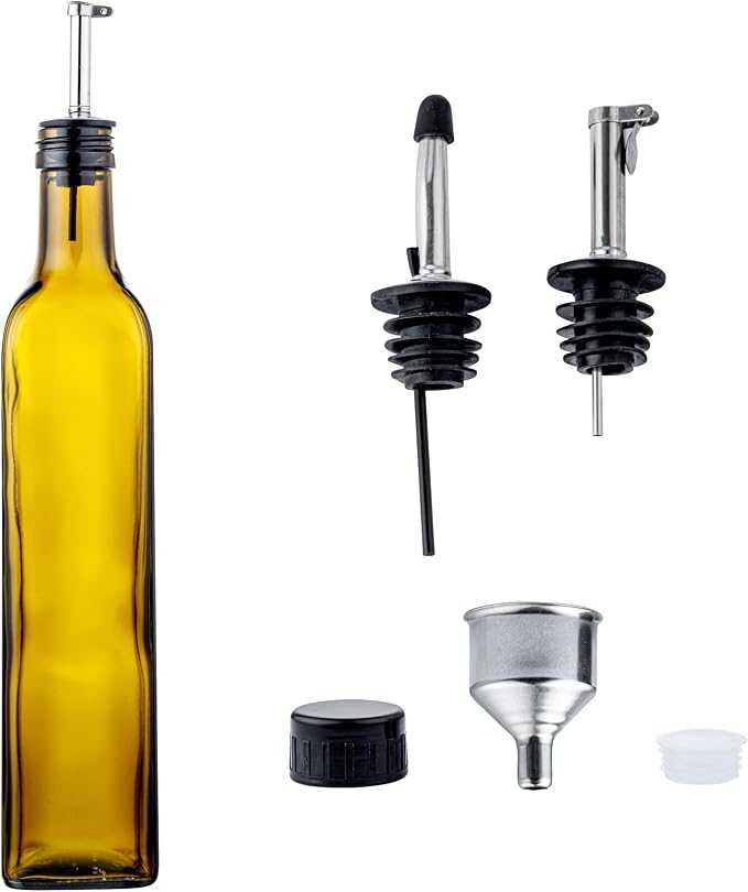 Restaurantware-Chef 101 16.9 Ounce Olive Oil Dispenser, 1 Kitchen Oil Dispenser Bottle - With Stainless Steel Pourer, Non-Leaking, Amber Glass Pourer, For Cooking Or Salad Dressings