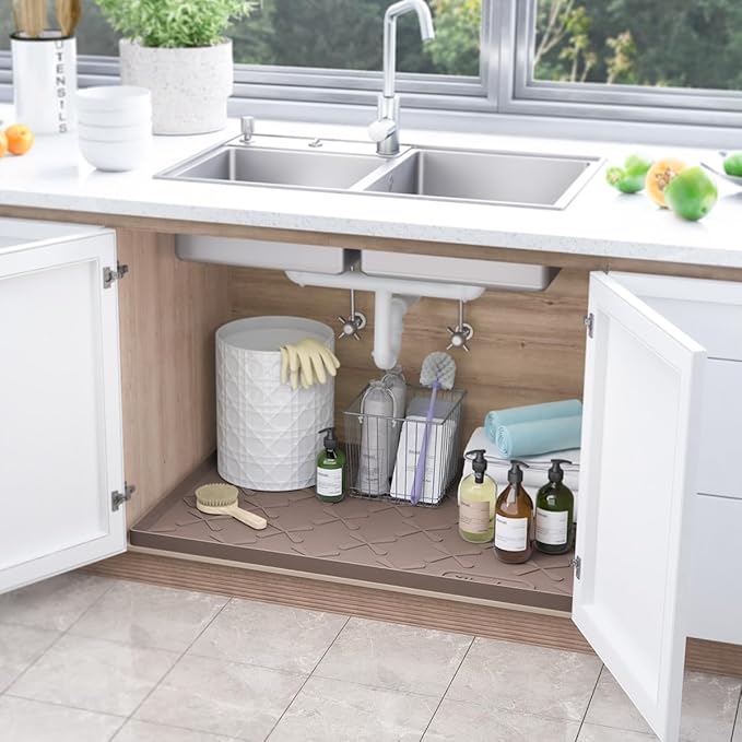 Waterproof Under Sink Mat 31" x 19" Silicone Mat Cabinet Protector | Heavy Duty Kitchen Cabinet Liner, Easy Press Drain, Home Essentials for Pet Feeding, Boots, Bathroom, Organizers & Storage