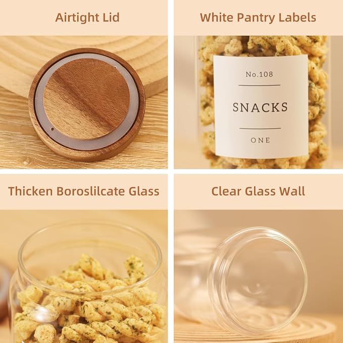 6 Pack Glass Canisters with Airtight Acacia Lids and 132 Kitchen Pantey Labels Preprint - 24 Fl Oz Borosilicate Glass Pantry Storage Jars Containers with Wooden Lids for Tea,Sugar,Cookie,Coffee,Candy