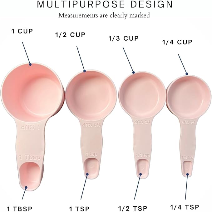 Storage Theory 2-in-1 Measuring Cups & Spoons Set (4-Piece) - Nesting Space-Saving Kitchen Gadget - BPA-Free Food Grade Plastic - Dishwasher Safe for Baking, Cooking, Coffee - Pink