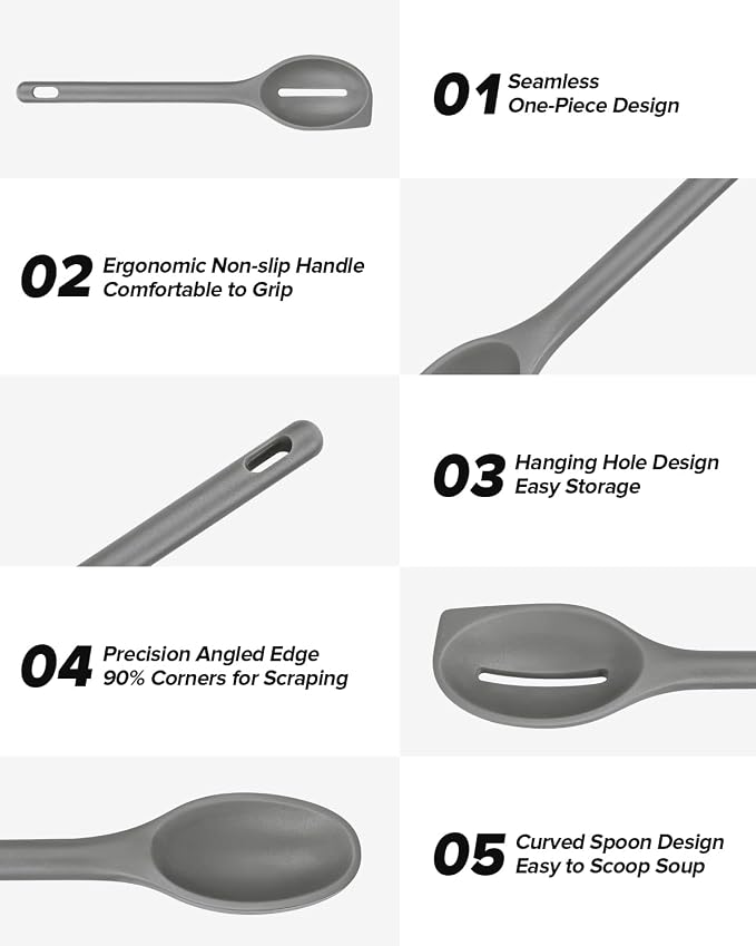 Silicone Cooking Spoons Set, Heat Resistant Kitchen Utensils, Non-Stick BPA Free Solid & Slotted Spoons for Mixing, Scooping, Draining, Serving, Basting (4 Pack) (GREY)