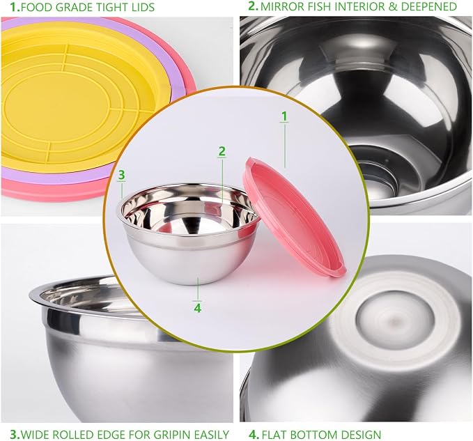 Leidawn Mixing Bowls with Lids Set, 25 PCS Colorful Mixing Bowl for Kitchen | Stainless Steel Nesting Bowls for Baking, Mixing, Serving & Prepping, Size 5, 3.7, 2.8, 2.3, 1.7, 1.1, 0.7QT, 11 Utensils