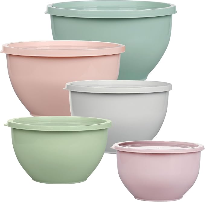 Greentainer Plastic Mixing Bowls with Lids Set for Kitchen, 5 Set Nesting Bowls for Mixing, Baking, Prepping, Cooking and Serving Food, Mixing Bowls Dishwasher, Microwave Safe