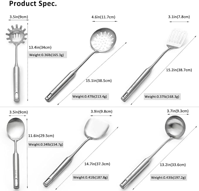 18/10 Stainless Steel Cooking Utensils Set 6 Pcs Metal Long Handle Kitchen Utensil, Spatula, Serving Soup spoon, Leaking shovel, Pasta Spoon Kitchen Tools Set (6 Pieces Set)