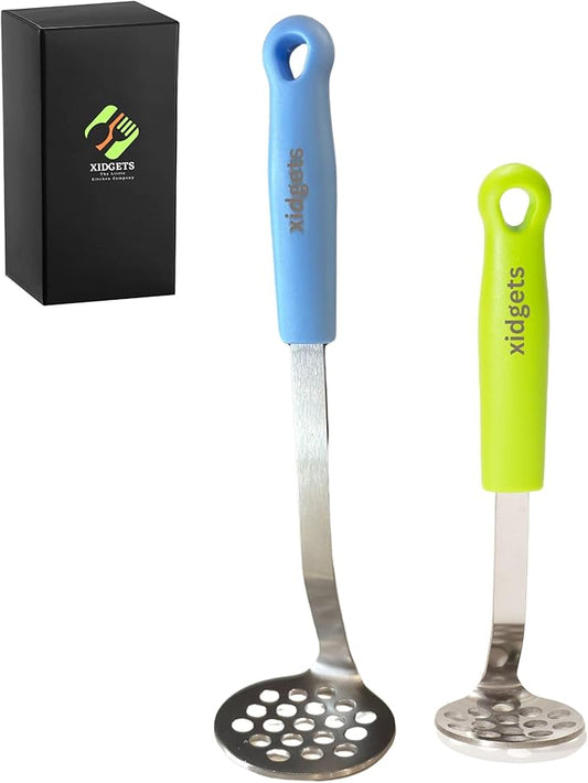 Mini & Medium Masher Box Set. Avocado & Small Potato Mashers. Heavy Duty, Stainless Steel, Dishwasher Safe. Ideal Kitchen Utensils. Compact & Durable. Kitchen Essentials. (Sky Blue/Zippy Green)