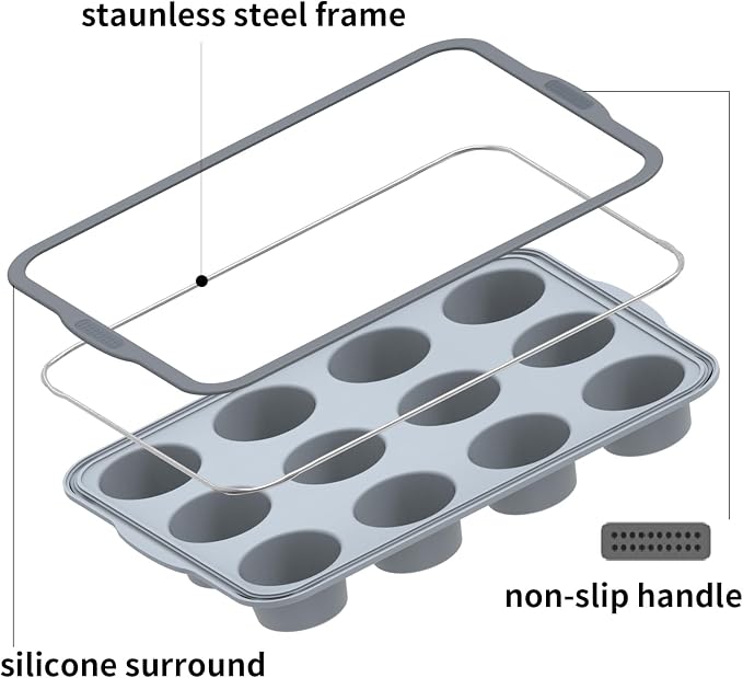 Aichoof 12 Cup Silicone Muffin Pan, Non-Stick Baking Mold w/Steel Frame | Food Grade Silicone, Heat Resistant -40°F to 440°F, Dishwasher Safe, Grey