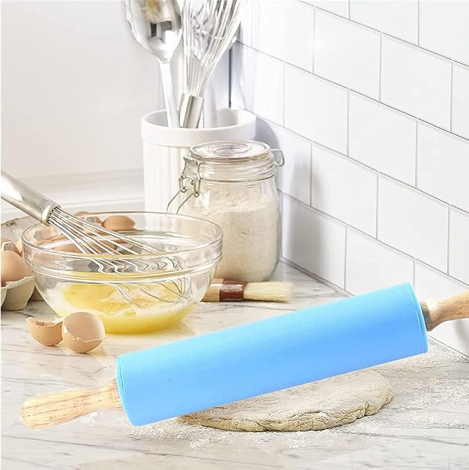 Large Wooden Silicone Rolling Pin Kitchen Handle Revolving Non-stick Dough Pastry Baking Tool(BLUE)