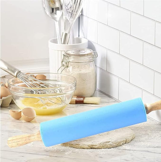 Large Wooden Silicone Rolling Pin Kitchen Handle Revolving Non-stick Dough Pastry Baking Tool(BLUE)