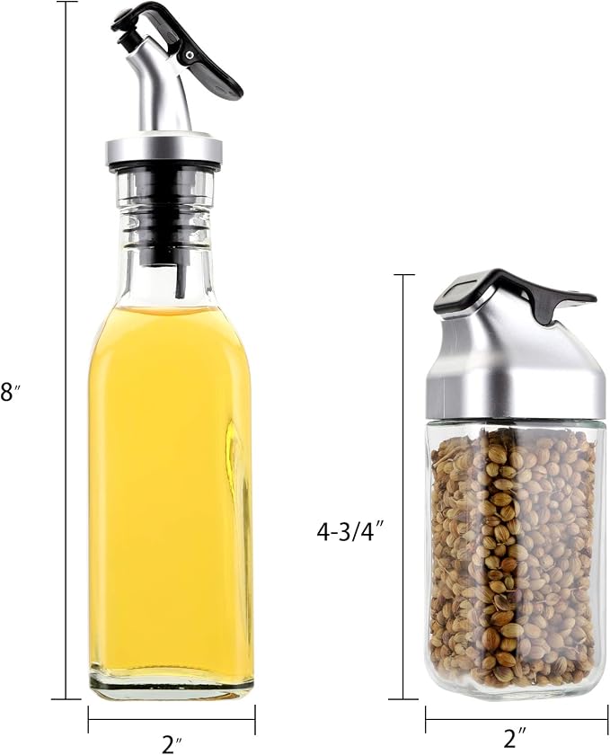 Jucoan 5 PCS Oil Vinegar Dispenser Bottles Set with Caddy Stand, Tabletop Glass Salt Pepper Shaker Olive Oil Vinegar Cruets Set with Tray for Home Kitchen Restaurant RV Camp Travel Wedding Party