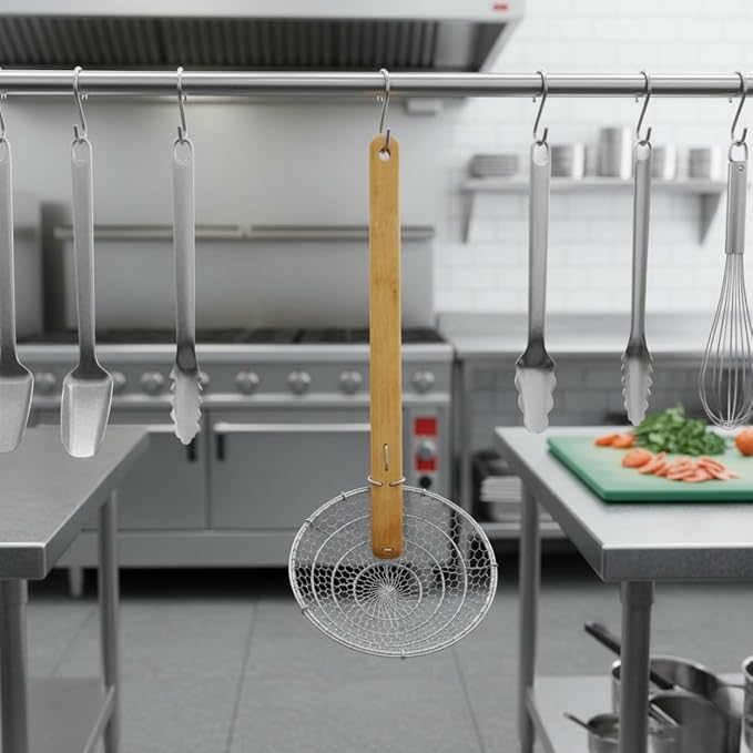 TrueCraftware- 14” Coarse Mesh Skimmer Galvanized Steel with Natural Bamboo Handle- Spider Strainer Ladle Kitchen Frying Food Pasta Spaghetti for Cooking and Frying Pasta Strainer Spoon