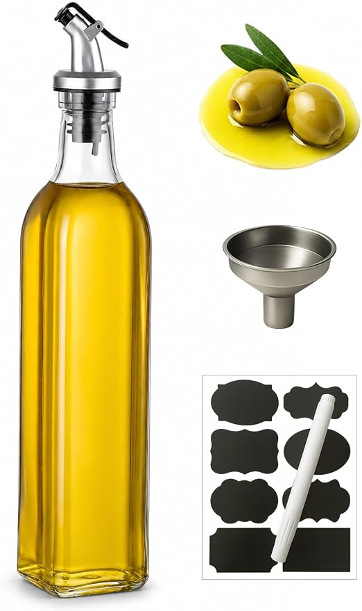 WERTIOO Oil Bottles for Kitchen 1 Pack, 17oz Oil and Vinegar Dispenser Set | 500ml Olive Oil Dispenser Bottle for Kitchen, with 1 Plastic Pourer, 1 Stainless Steel Funnel, Pen and Label