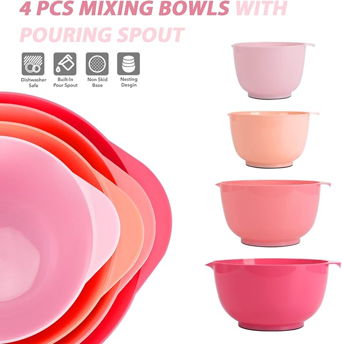 BoxedHome Mixing Bowls Set of 4, BPA Free Plastic,Microwave Safe, Rose Red | 4.5/3.5/2.5/1.7 quarts,Non-slip Base Large Nesting Bowl with Pour Spout, Dishwasher Safe, for Prep, Cooking,Baking