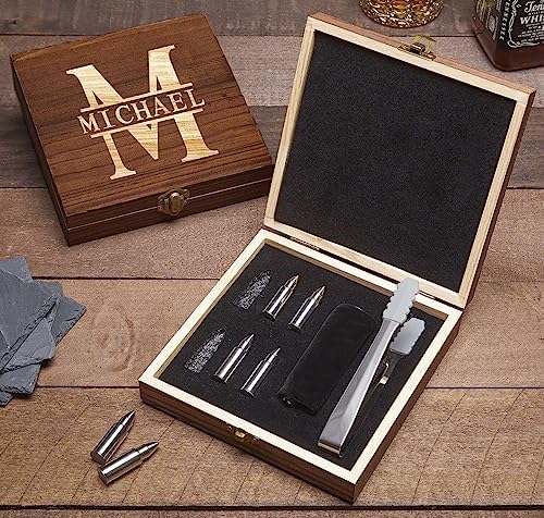 Bullet Whiskey Stones Gift Set for Men with Personalized Wooden Box - Oakmont Design